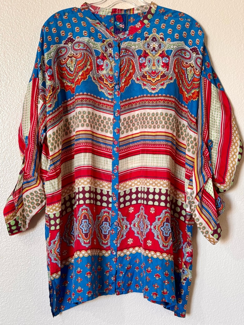 Johnny Was 100% Silk Washable Mixed Print Mandarin Collar Button Down Tunic S